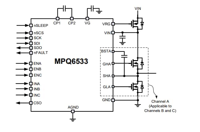 Application Circuit Diagram - Monolithic Power Systems (MPS) MPQ6533 3-Ch Automotive Pre-Drivers